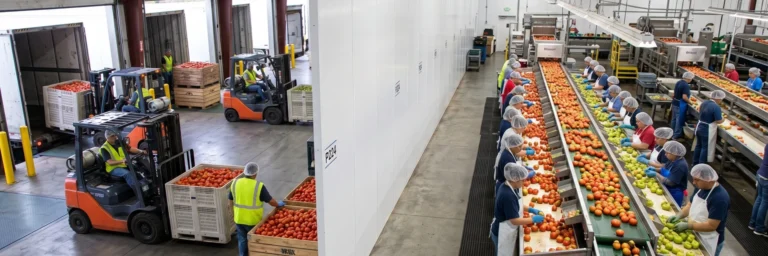 Indoor fruit processing plant: workers in hairnets and gloves sort red tomatoes on a conveyor belt while forklifts move crates in the background.
