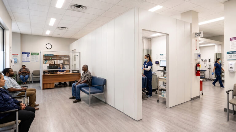Clinic waiting area with several people seated; reception desk behind a glass partition.