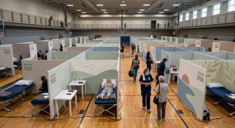 Large gym converted to a medical clinic with many private cubicles, patients resting on beds and staff moving between rooms.