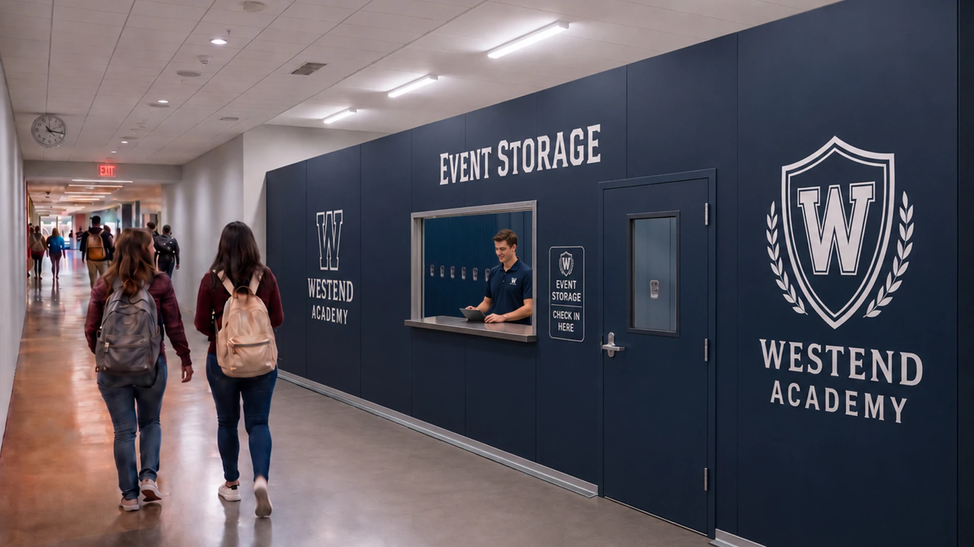 Two students with backpacks walk down a school hallway past a dark blue wall reading 'Event Storage' with a window for the receptionist and a WestEnd Academy logo.