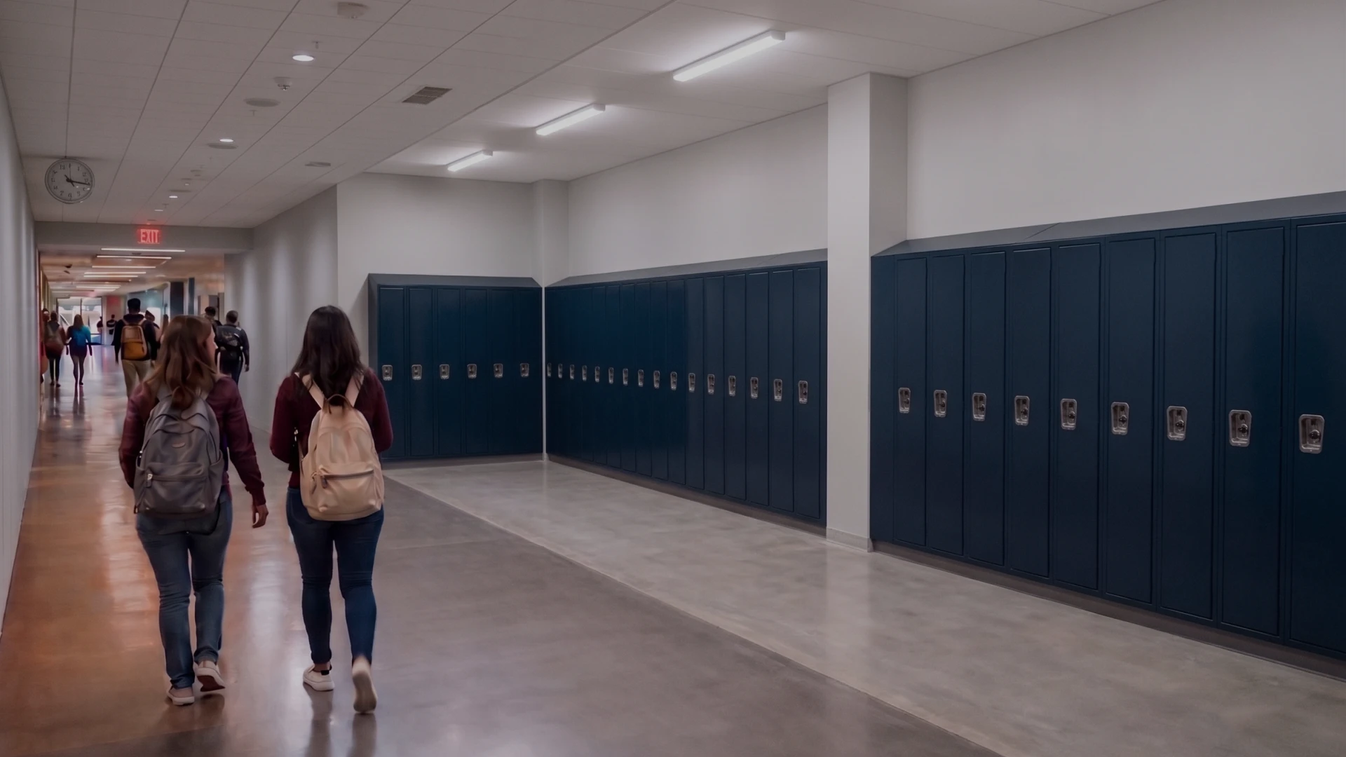 Students with backpacks walking down a school hallway lined with blue lockers on the right side.