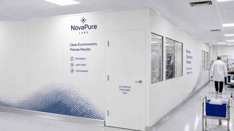 Sterile lab hallway with NovaPure Labs branding and the words 'Clean Environments. Precise Results.' on white panels