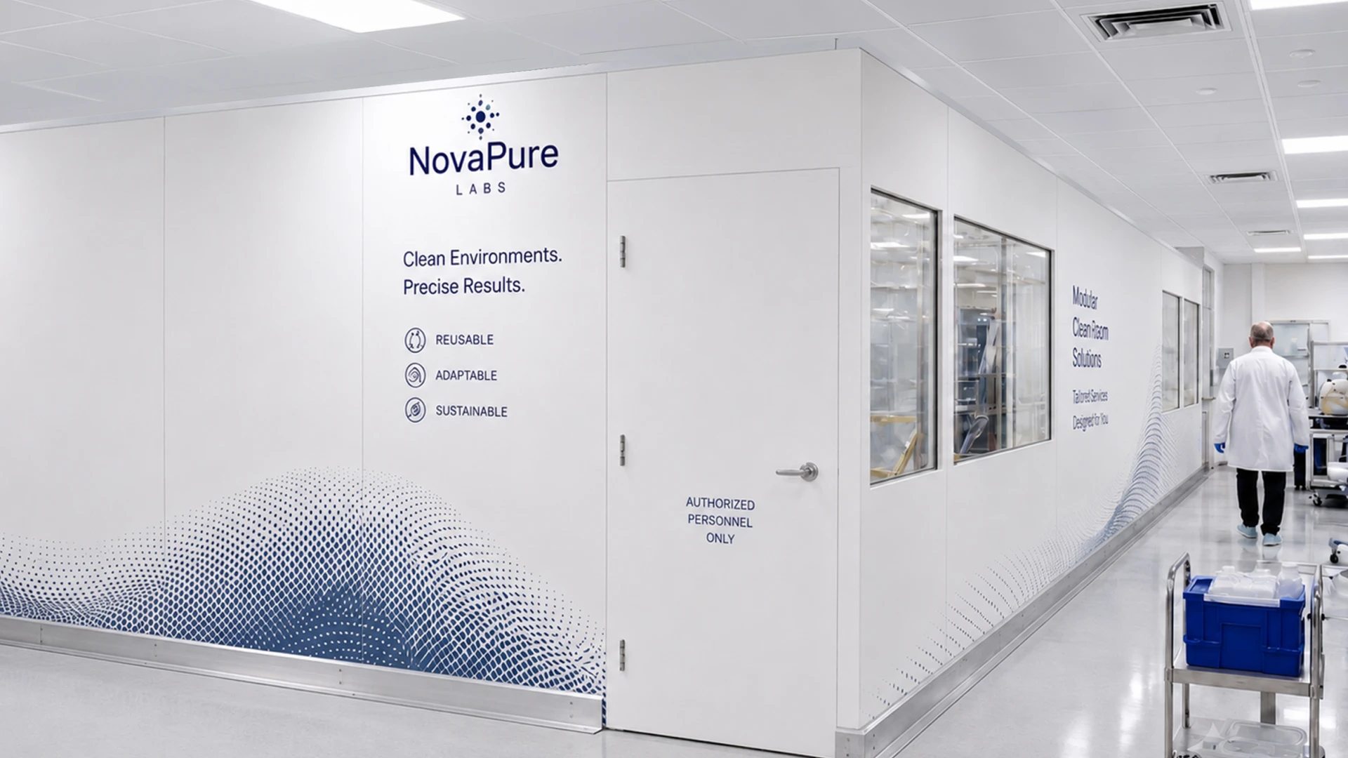 Sterile lab hallway with NovaPure Labs branding and the words 'Clean Environments. Precise Results.' on white panels