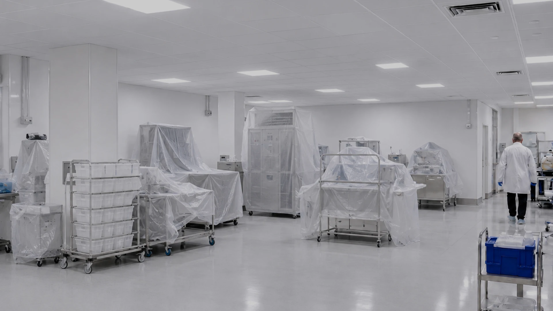 Sterile hospital room with equipment covered in plastic and a staff member in a white coat at the right side.