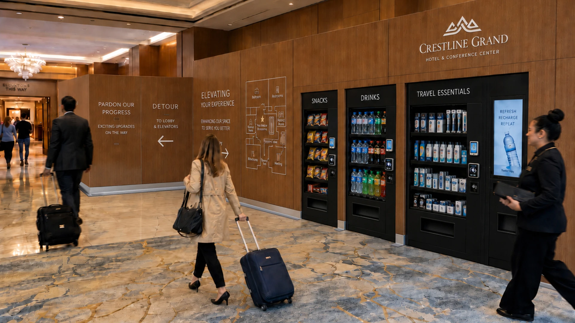 Hotel lobby with 'Crestline Grand' sign; vending machines and travelers with rolling suitcases along a wood-paneled wall sklep.