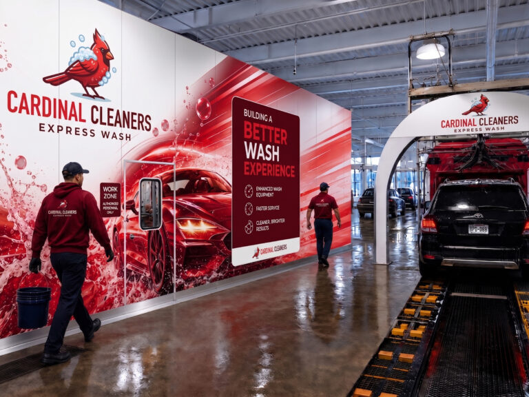 Indoor car wash exhibition with Cardinal Cleaners branding, red car graphics over white panels, and staff in maroon uniforms nearby.