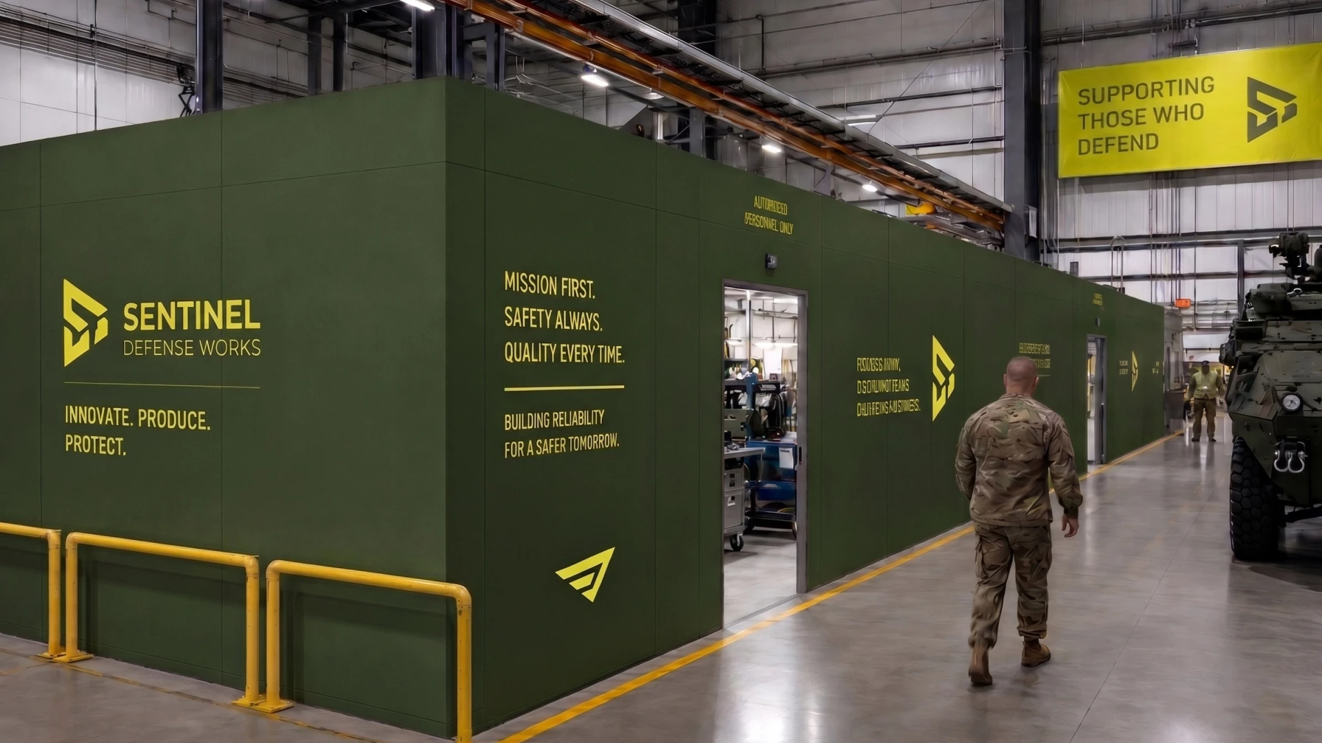 Military maintenance bay with green modular walls reading Sentinel Defense Works and mission statements; soldiers walk past a large armored vehicle in an industrial hangar.
