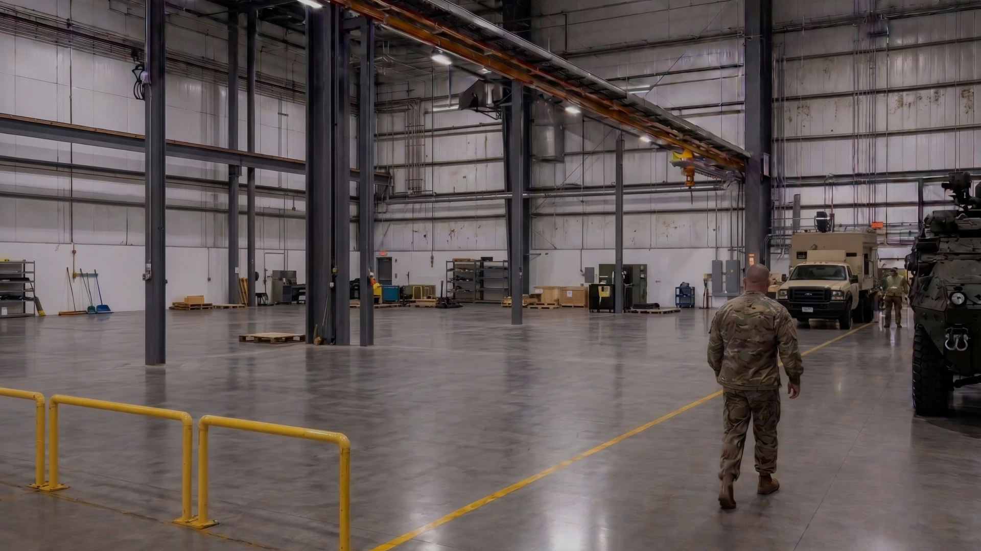 Soldier in camouflage walks through a spacious industrial hangar with equipment and vehicles on the right.