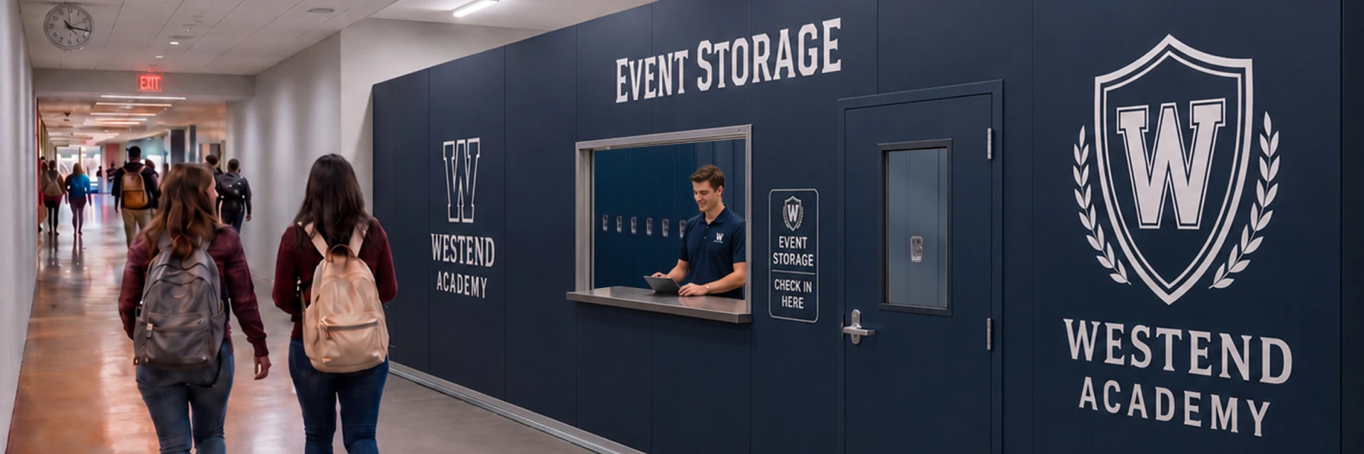 Hallway at Westend Academy with students walking toward the event storage check-in window and a desk in the blue wall signage area