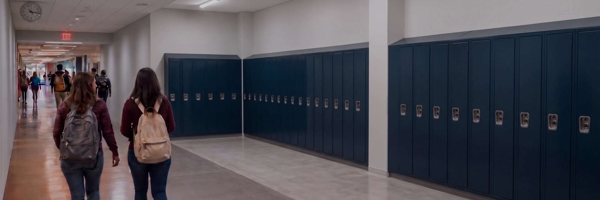 School hallway with blue lockers along the right and students with backpacks walking away from the camera.