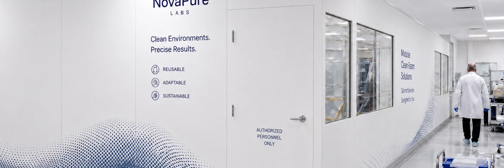 Lab corridor in a modern facility with NovaPure Labs branding, an Authorized Personnel Only door, and a scientist in a white coat walking away on the right.