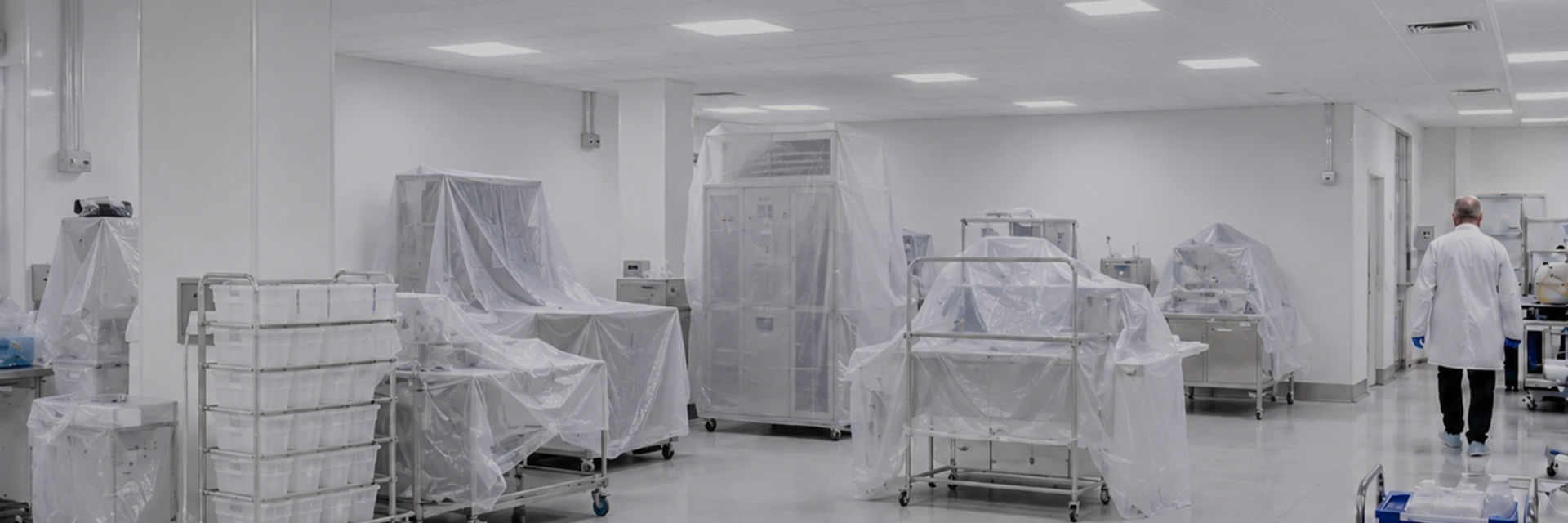 Operating room or clean room with equipment wrapped in plastic sheets; a clinician in a white coat stands in the background.