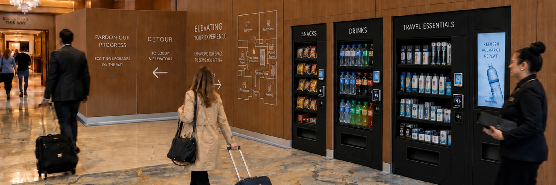 Traveler in a beige coat pulls a small suitcase past vending machines for snacks, drinks and travel essentials in a hotel lobby