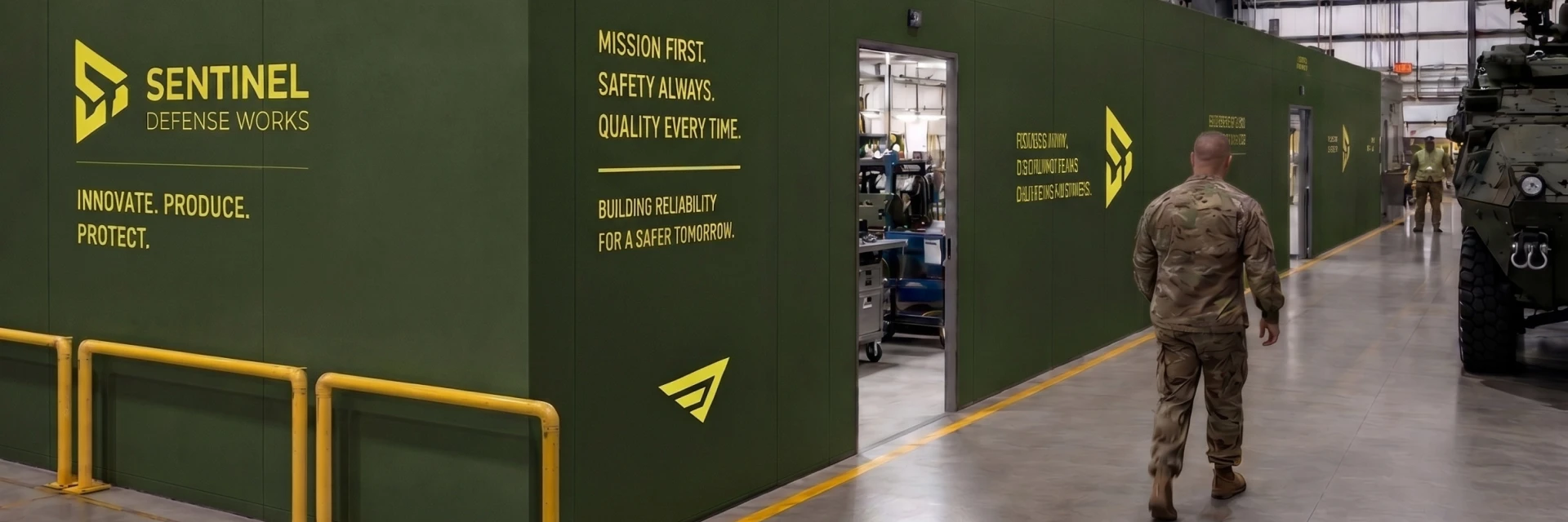 Soldier in camouflage walks down a defense facility hallway with green walls bearing Sentinel Defense Works branding and yellow text.