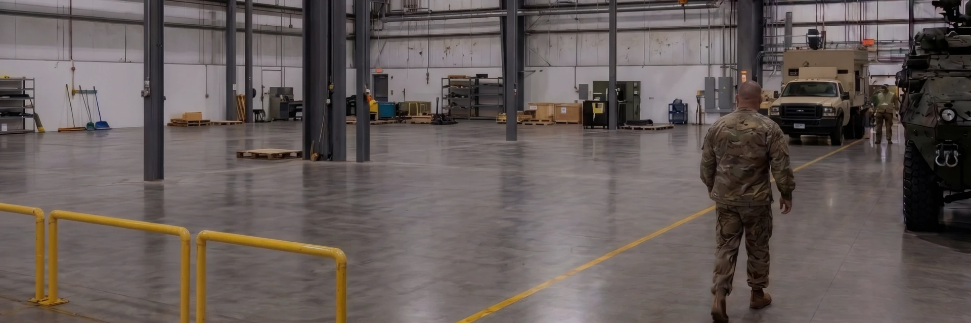 Soldier in camouflage walks toward military vehicles inside a large maintenance hangar with yellow safety rails in the foreground.