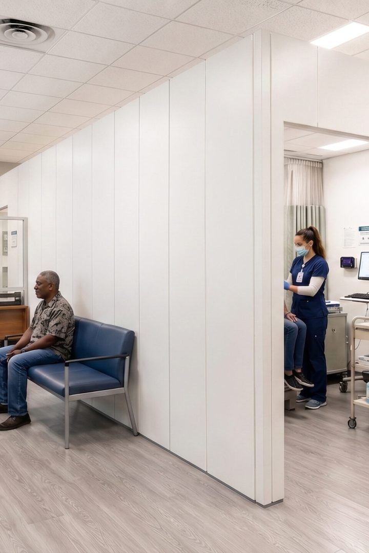 Clinic waiting area with several people seated; reception desk behind a glass partition.