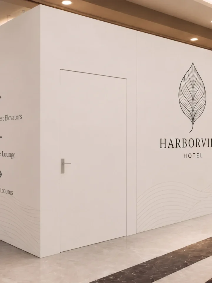White interior wall with Harborview Hotel logo and leaf icon; signs point to guest elevators, lounge, and restrooms in a hotel lobby.