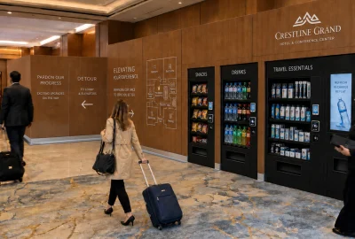 Hotel lobby with 'Crestline Grand' sign; vending machines and travelers with rolling suitcases along a wood-paneled wall sklep.
