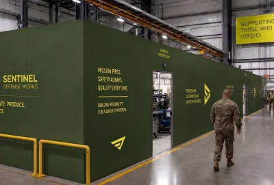 Military maintenance bay with green modular walls reading Sentinel Defense Works and mission statements; soldiers walk past a large armored vehicle in an industrial hangar.